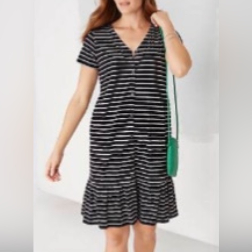 J. Jill Tiered Dark Blue Ivory Striped Button Front Knit Dress Women’s Size 2X